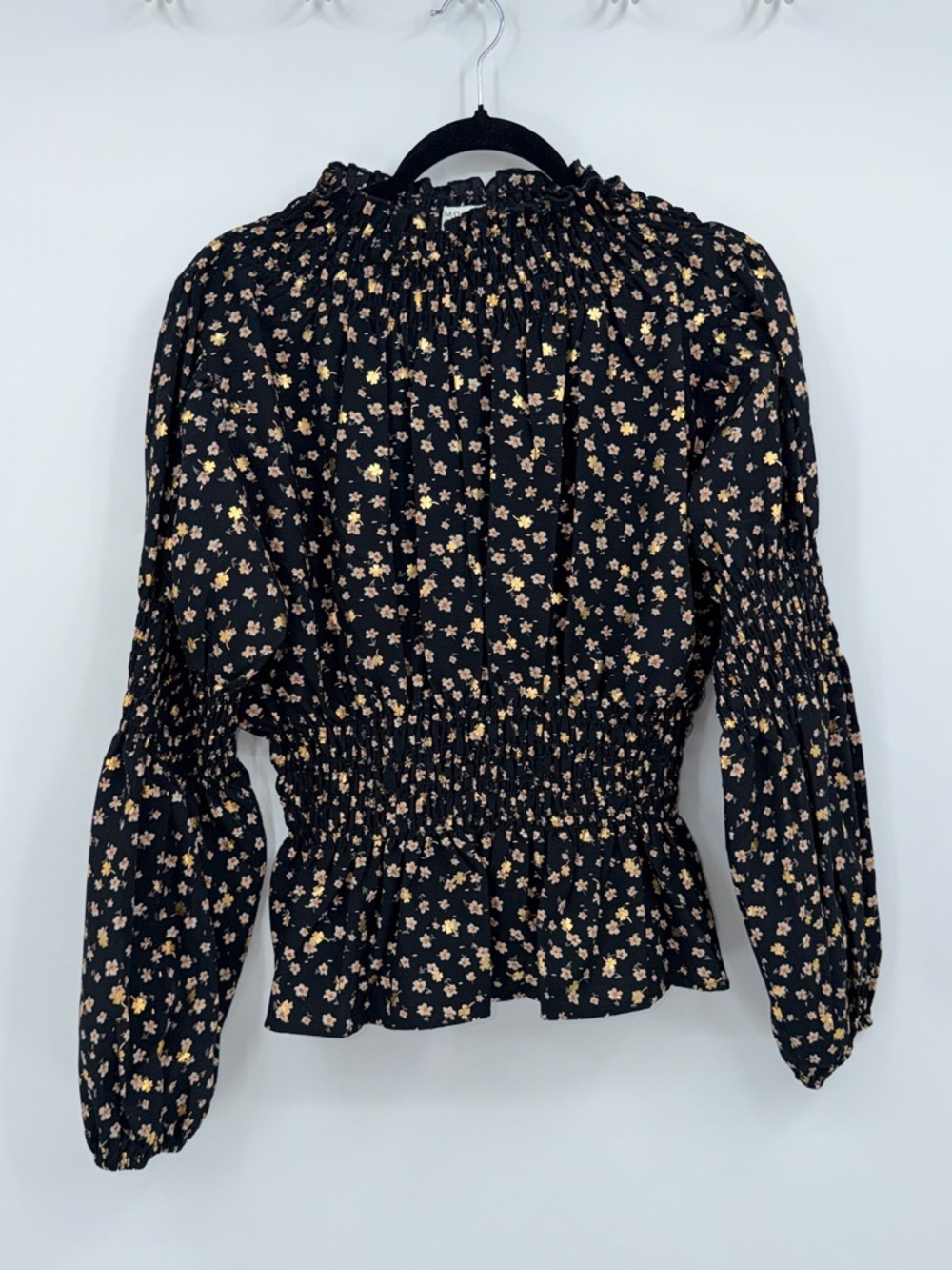 Molly Bracken Black Floral Smocked Blouse Sheer Cottagecore Romantic Top M